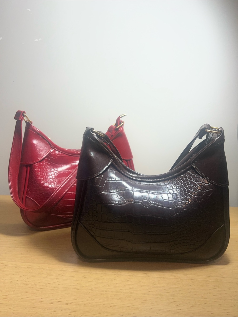 Lily Morgan Croc-Embossed Crescent Hobo Shoulder Bags – Set of 2 (Brown & Red)